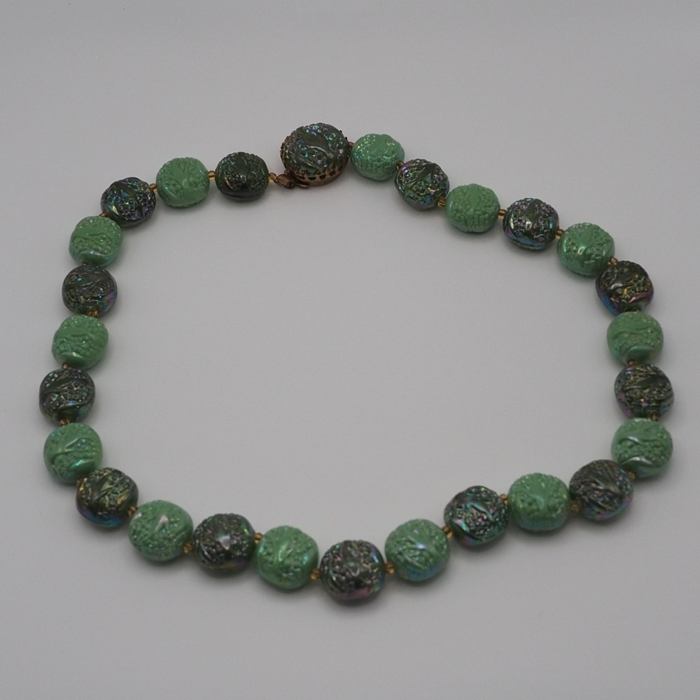 Vintage Made Austria Necklace 2 Tone Green Carnival Iridescent Molded Bead